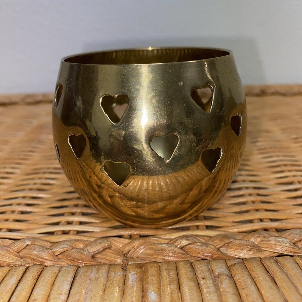 Solid Brass Hearts Votive Round Tea Light Candle Holders Globe Vintage